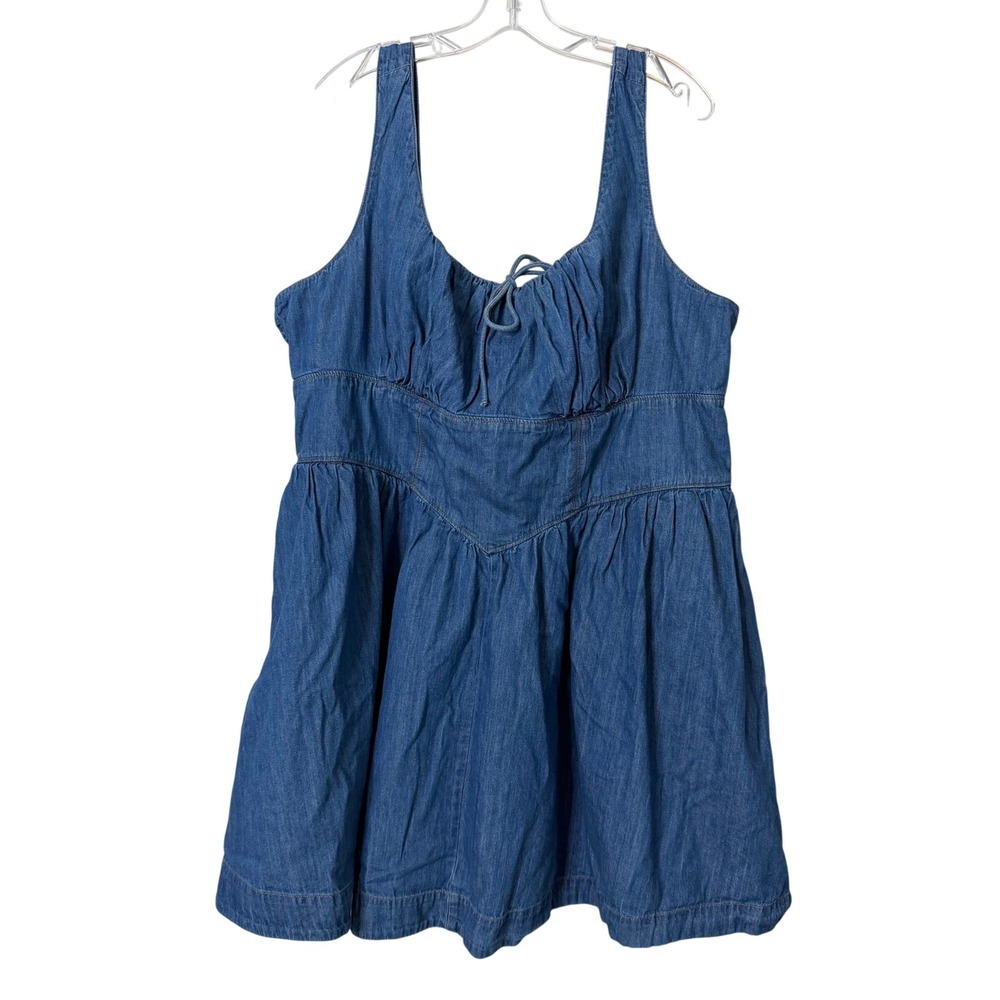 ANA Denim Dress Womens 2X Blue Sleeveless Smocked Pockets 100% Cotton Milkmaid